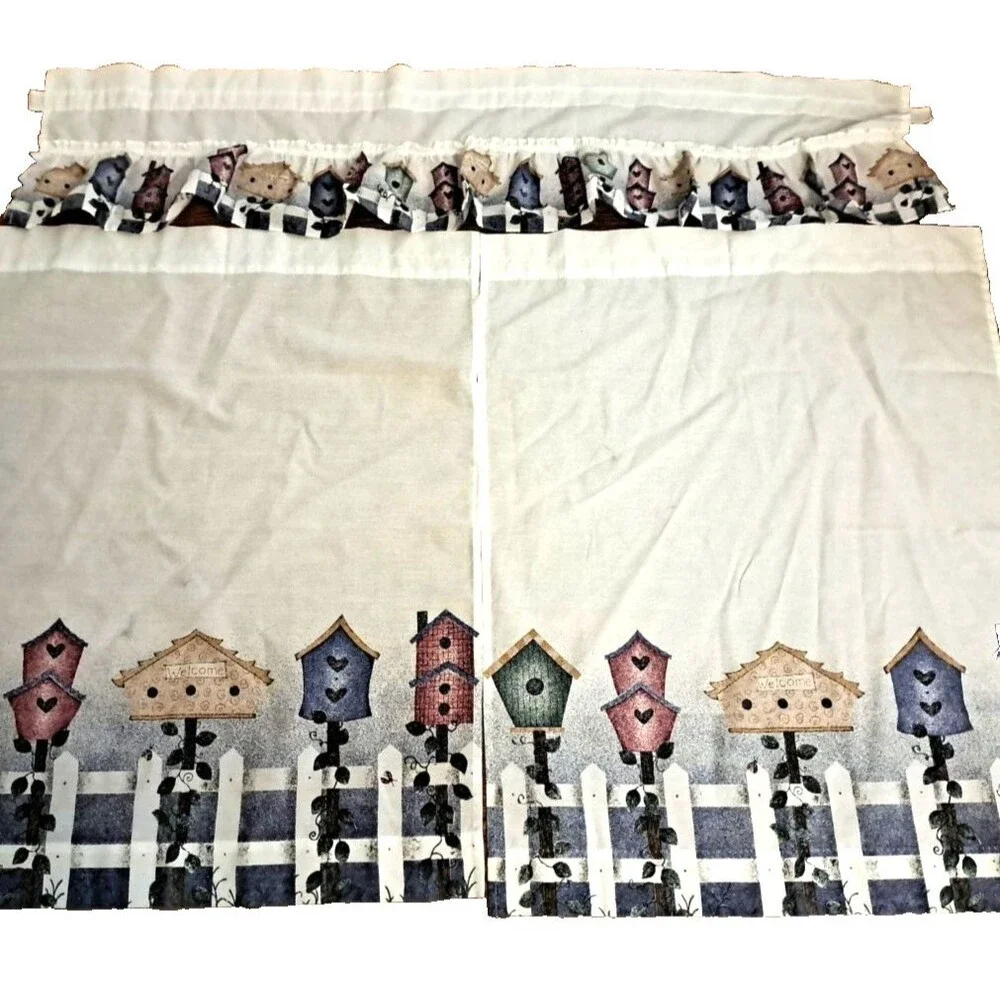 Country Bird House Fence Curtain Set 3 PC Ruffled Cottage Farmhouse 47x50